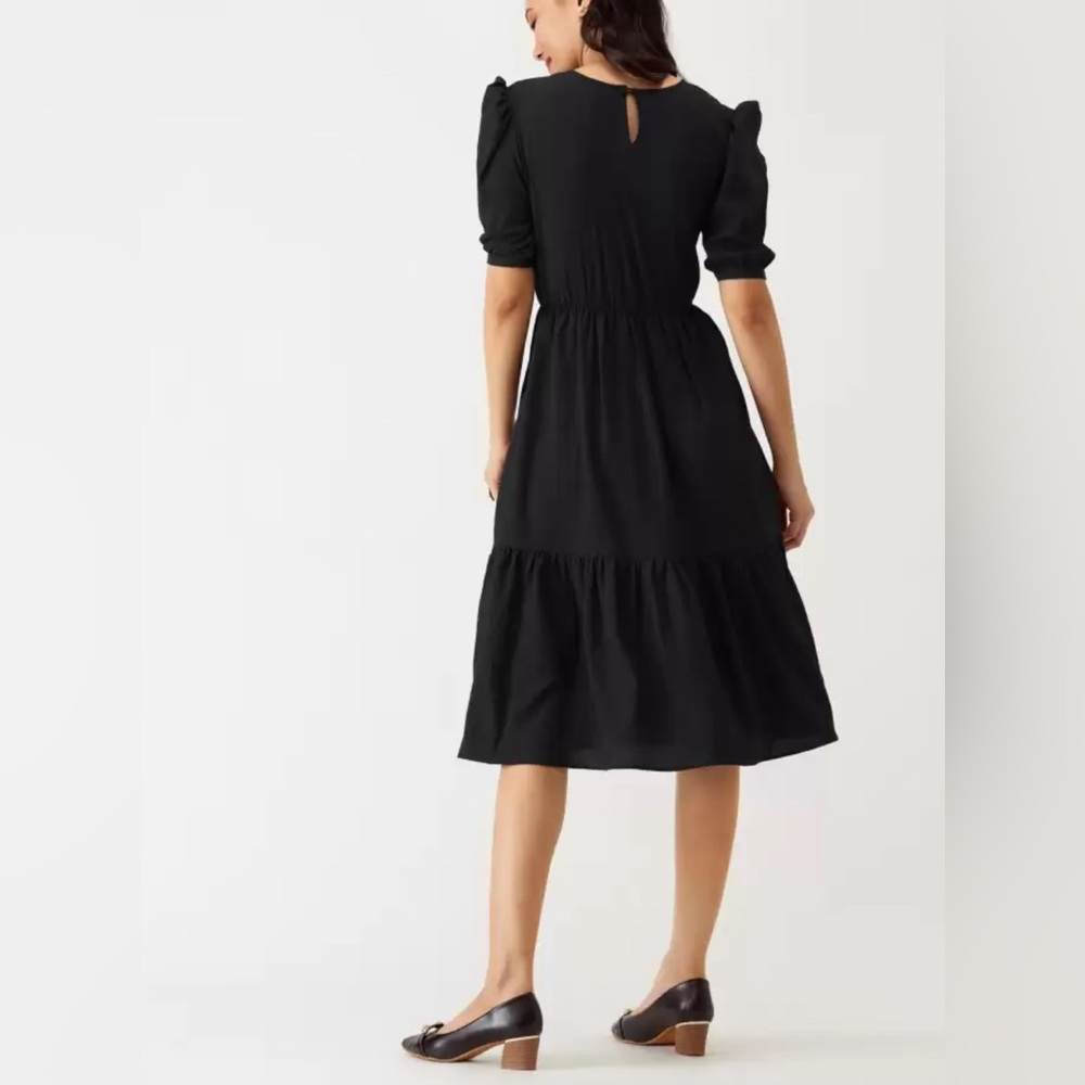 Who what wear black dress ruched Mid sleeves career XL fit flare knee length
